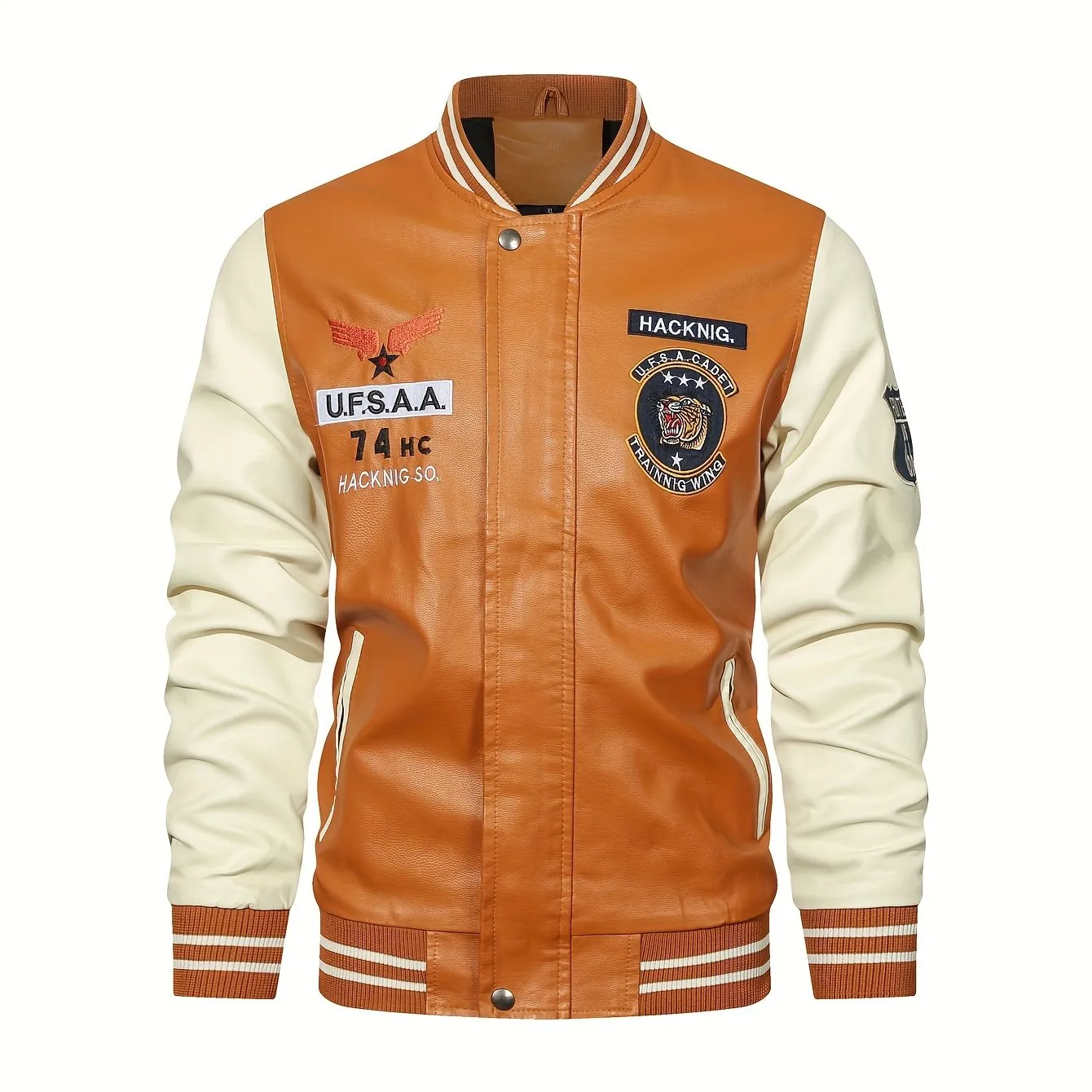 Men's Graceful Faux Goatskin Jackets with "R" Print And Zipper