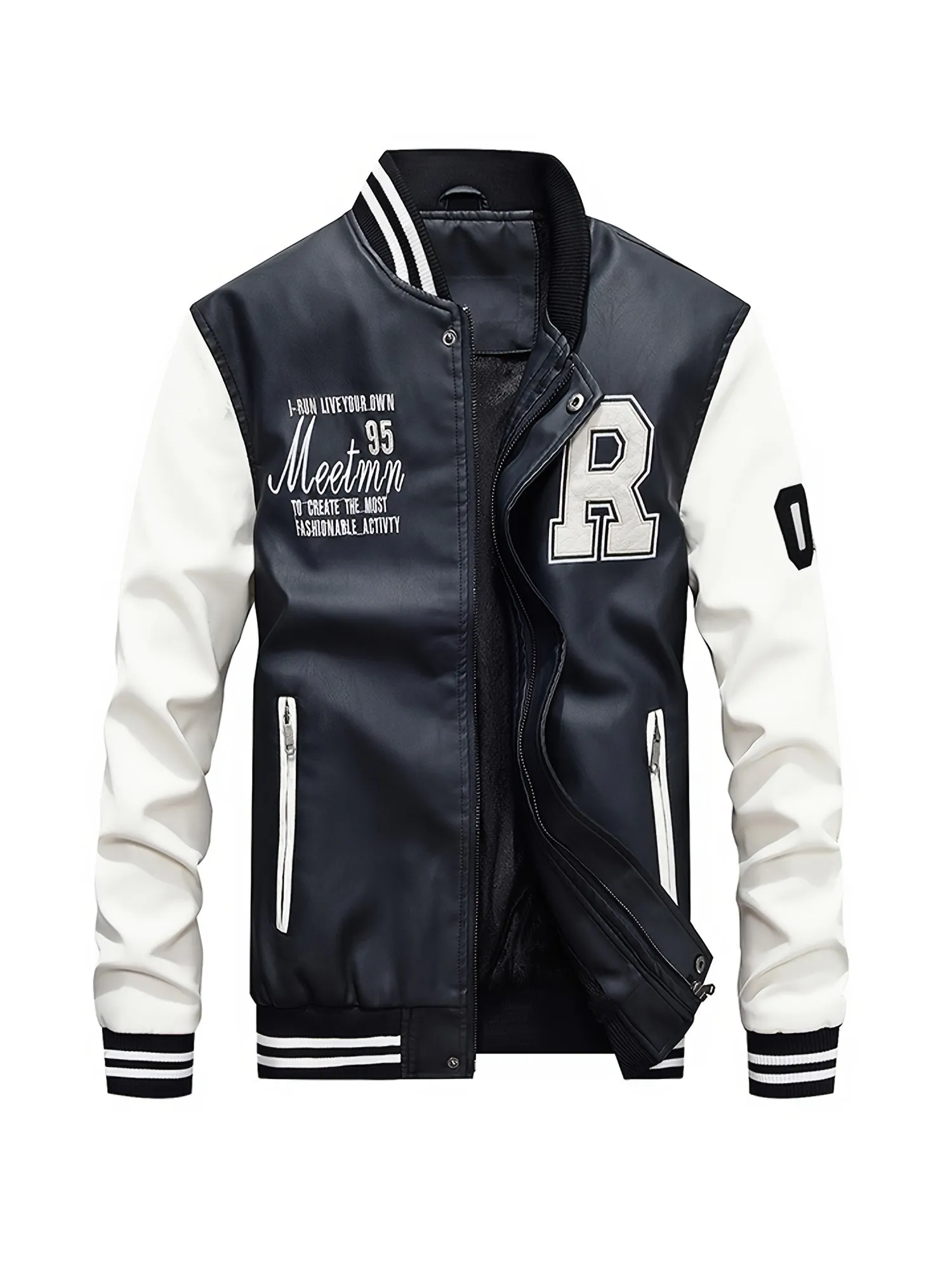 Men's Graceful Faux Goatskin Jackets with "R" Print And Zipper