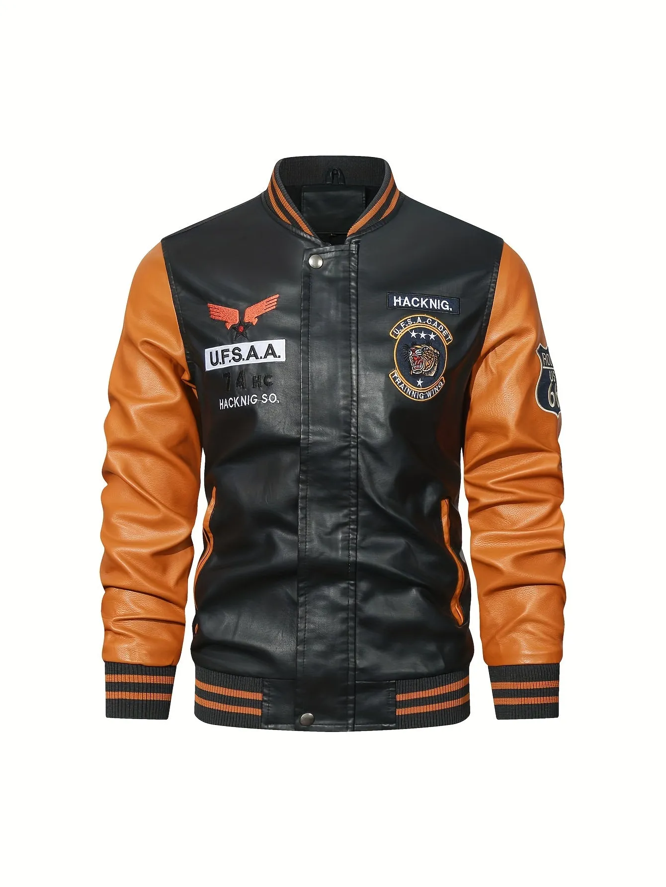 Men's Graceful Faux Goatskin Jackets with "R" Print And Zipper