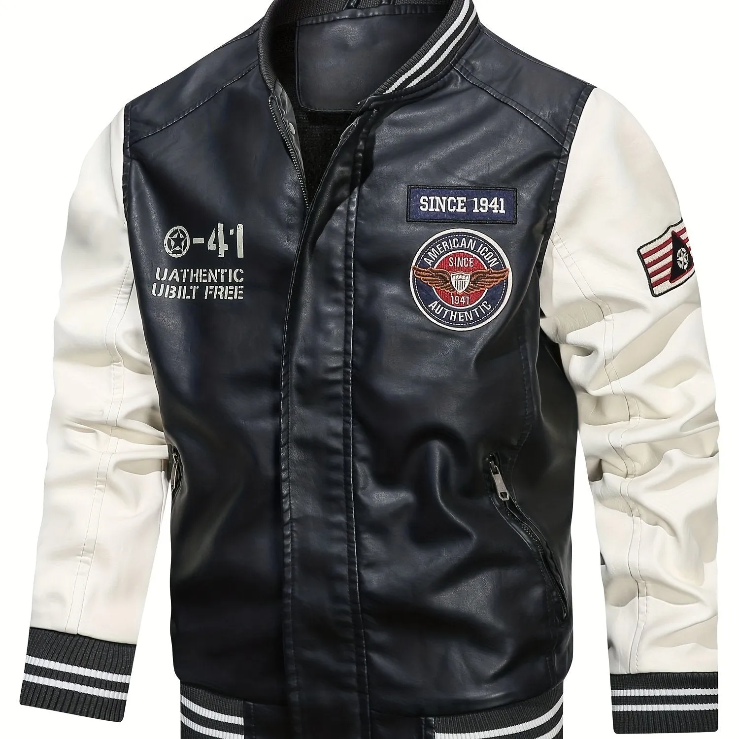 Men's Graceful Faux Goatskin Jackets with "R" Print And Zipper