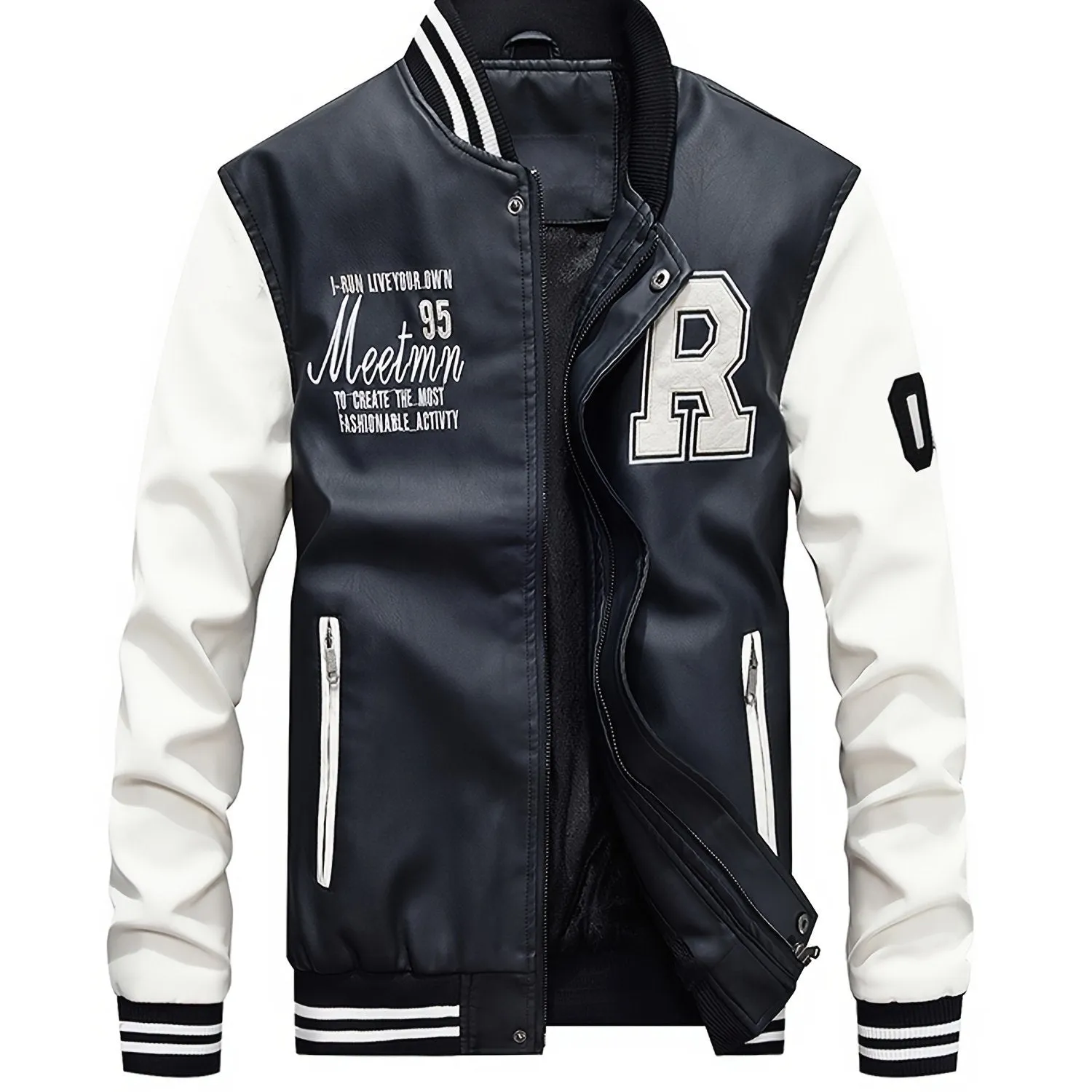 Men's Graceful Faux Goatskin Jackets with "R" Print And Zipper