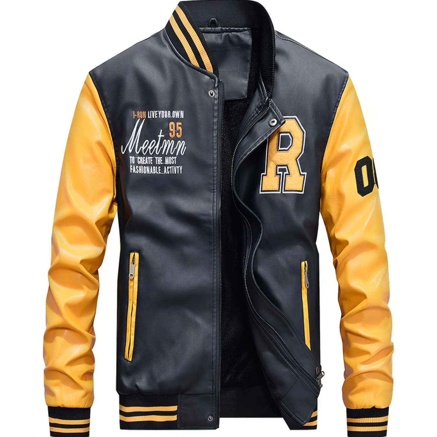 Men's Graceful Faux Goatskin Jackets with "R" Print And Zipper