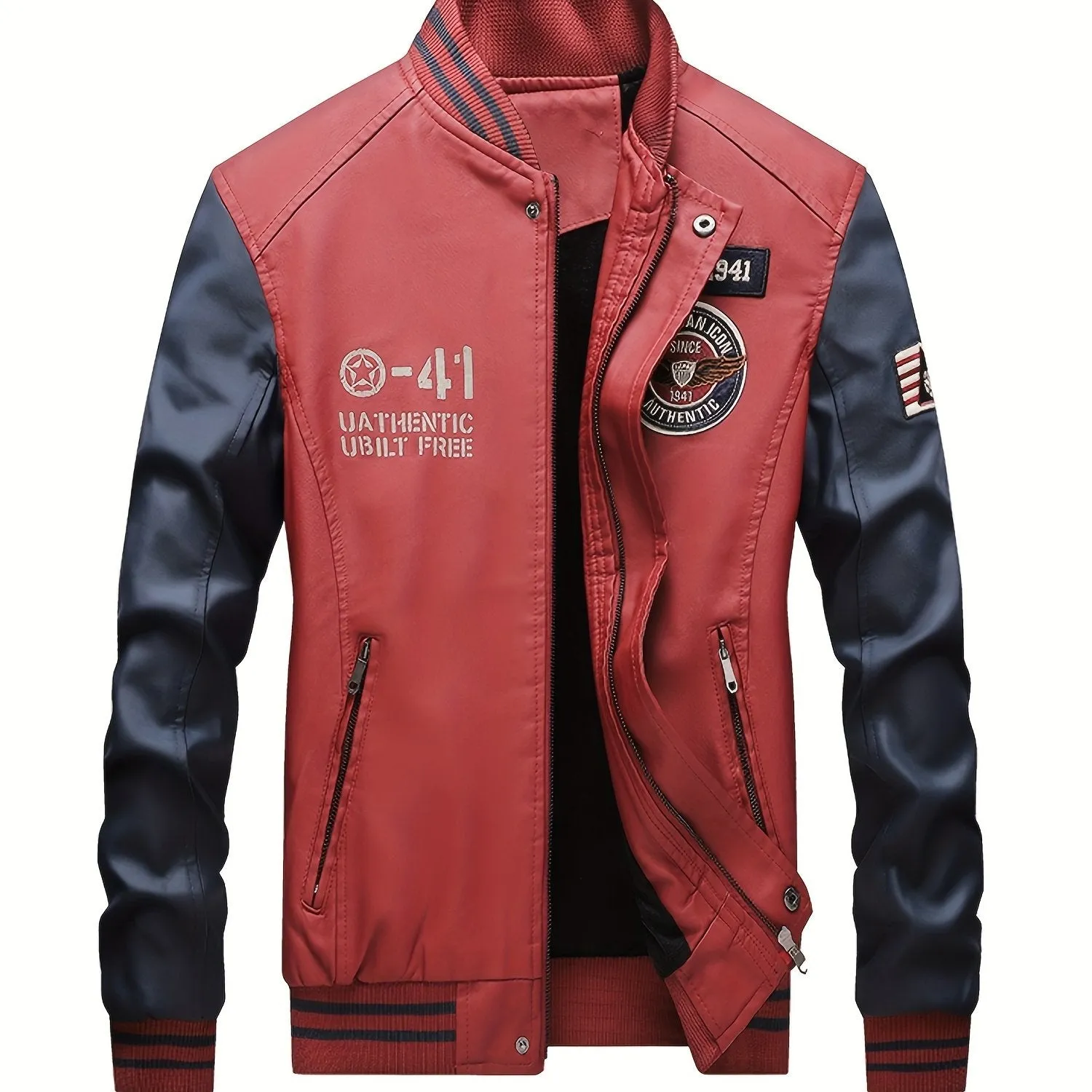 Men's Graceful Faux Goatskin Jackets with "R" Print And Zipper