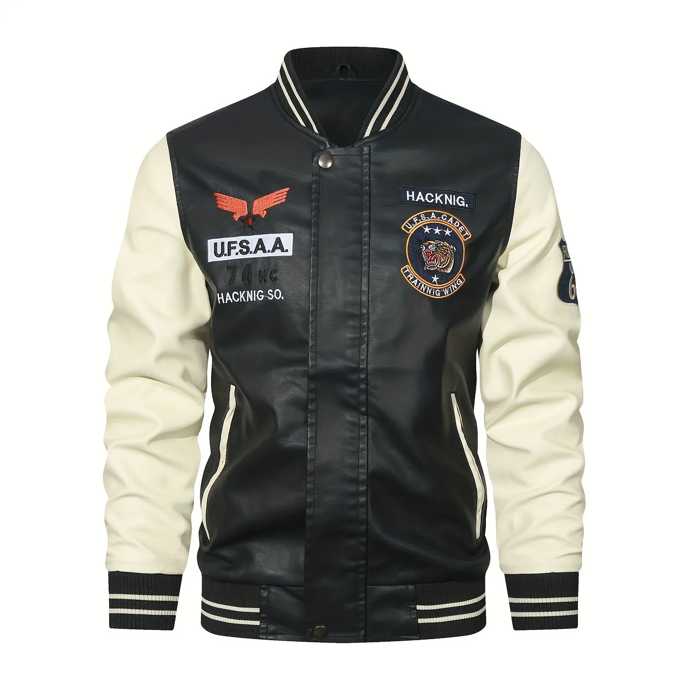 Men's Graceful Faux Goatskin Jackets with "R" Print And Zipper