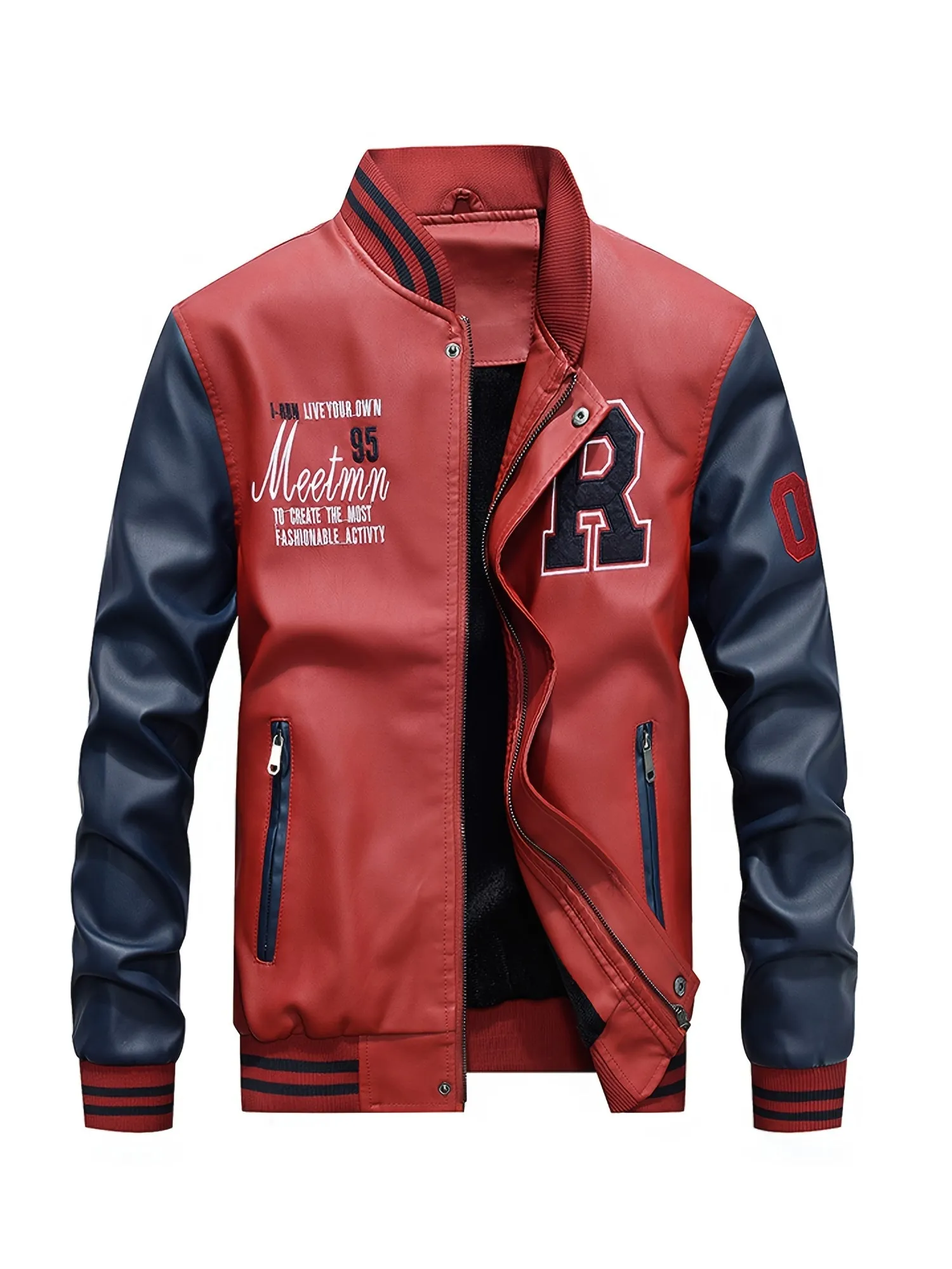 Men's Graceful Faux Goatskin Jackets with "R" Print And Zipper