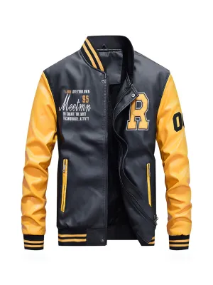 Men's Graceful Faux Goatskin Jackets with "R" Print And Zipper