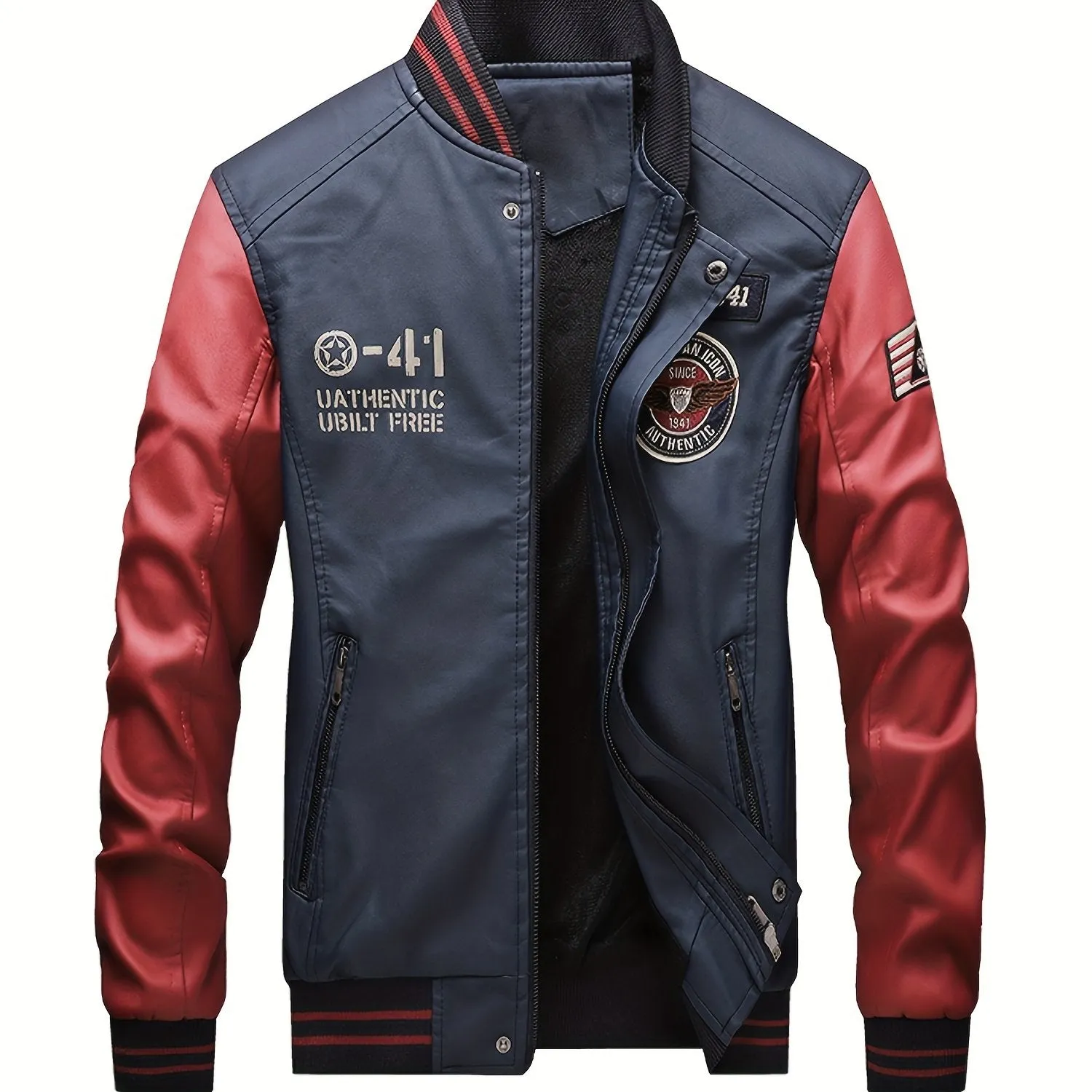 Men's Graceful Faux Goatskin Jackets with "R" Print And Zipper