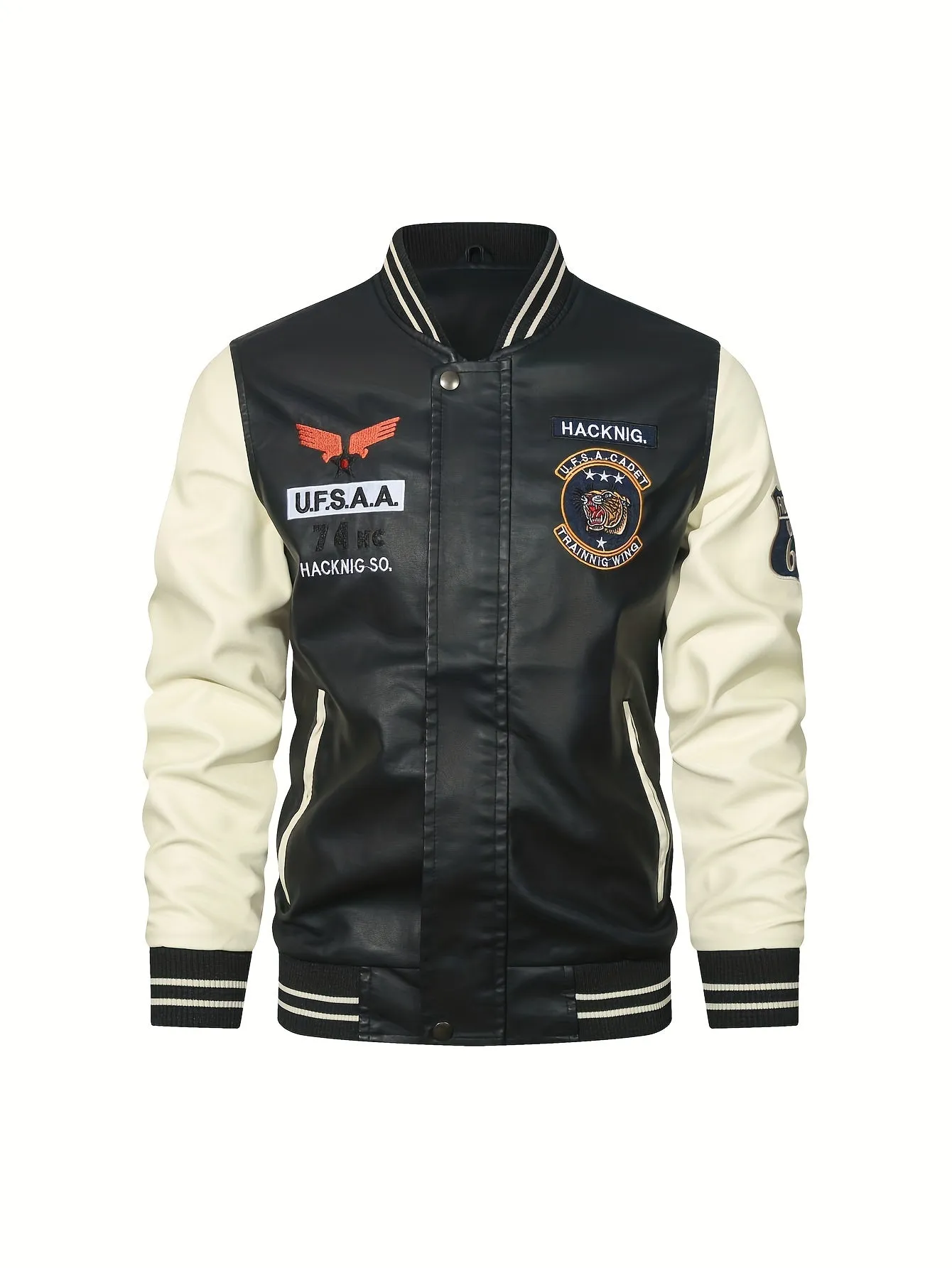 Men's Graceful Faux Goatskin Jackets with "R" Print And Zipper