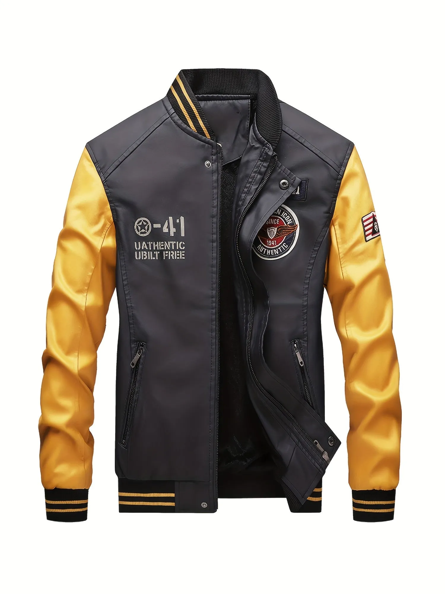 Men's Graceful Faux Goatskin Jackets with "R" Print And Zipper
