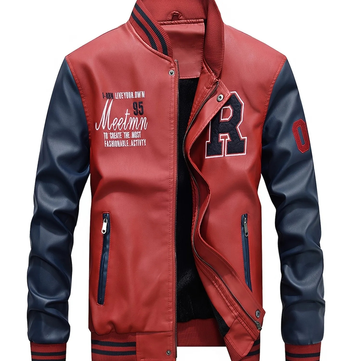 Men's Graceful Faux Goatskin Jackets with "R" Print And Zipper