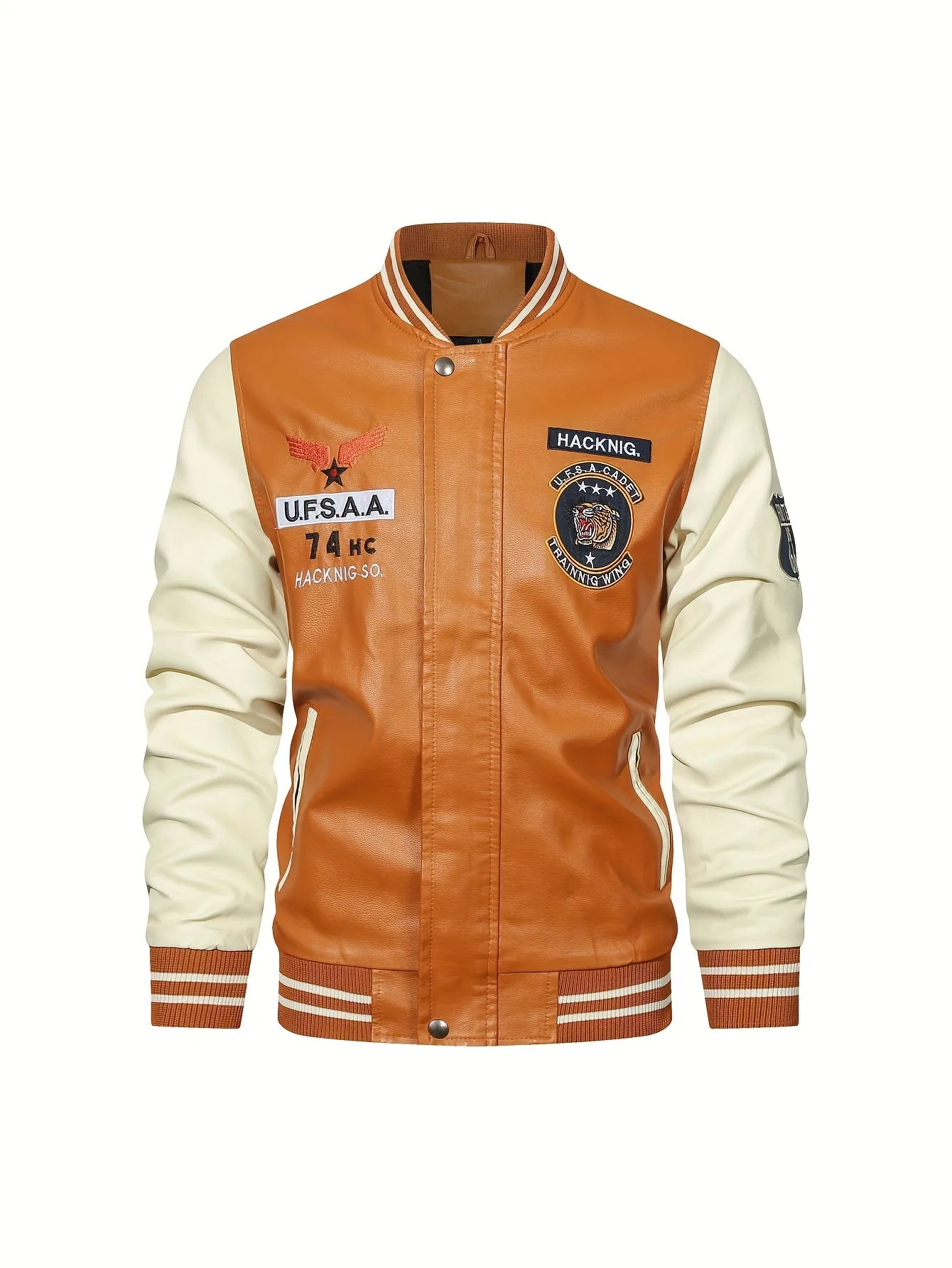 Men's Graceful Faux Goatskin Jackets with "R" Print And Zipper