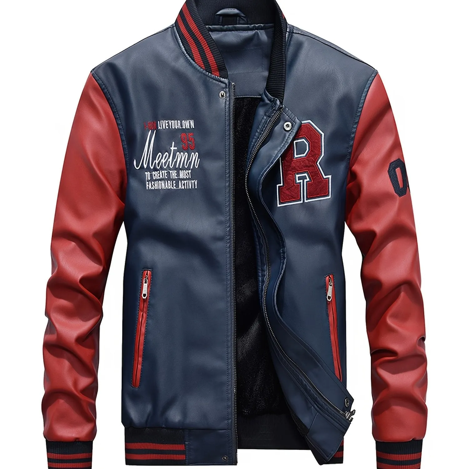Men's Graceful Faux Goatskin Jackets with "R" Print And Zipper