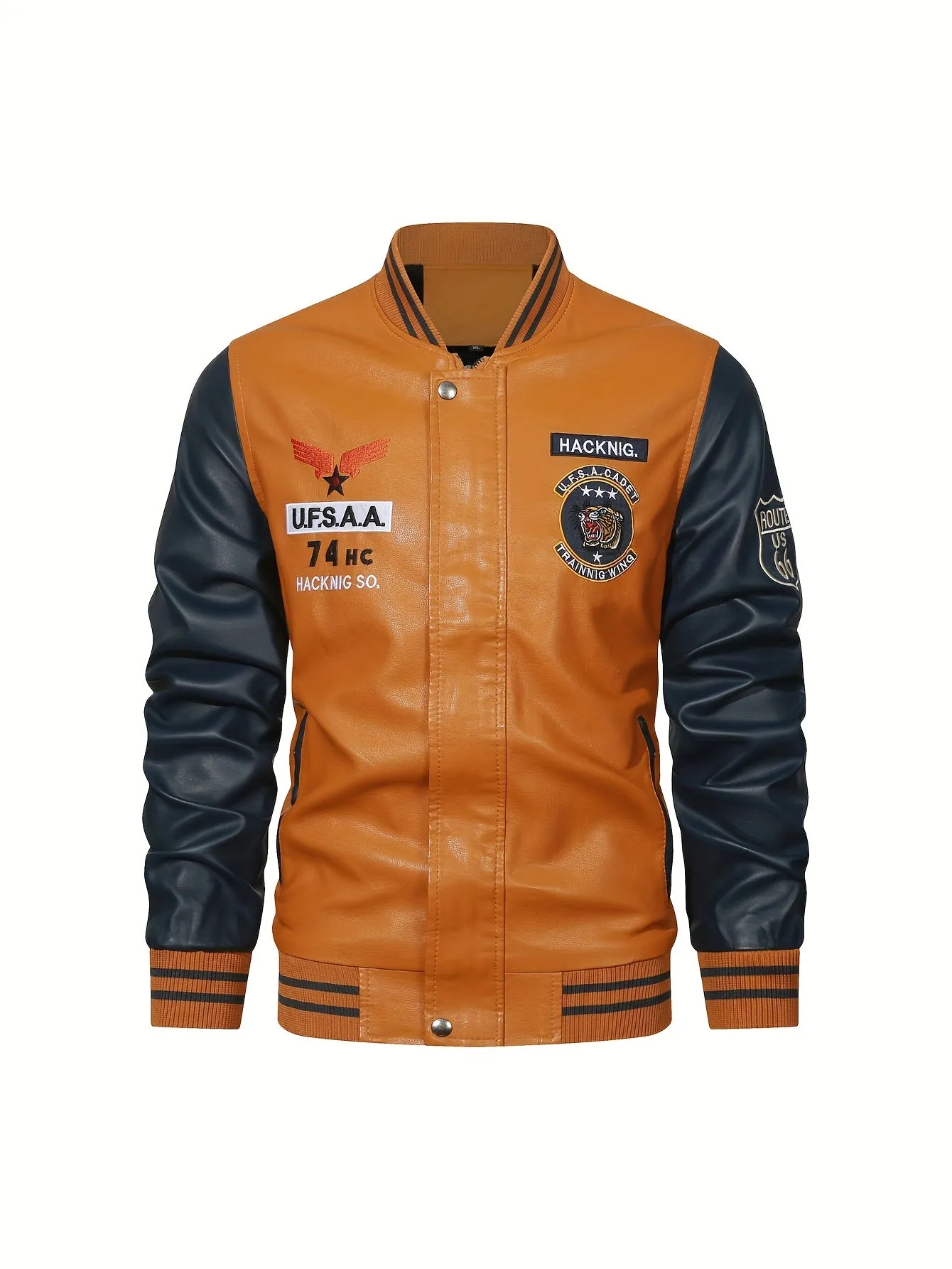 Men's Graceful Faux Goatskin Jackets with "R" Print And Zipper
