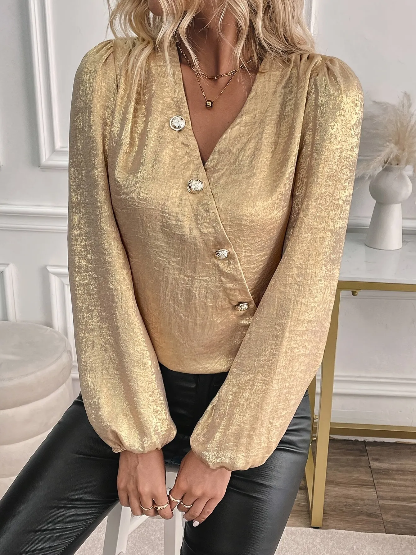 Metallic Color Button Front Blouse Women's Clothing
