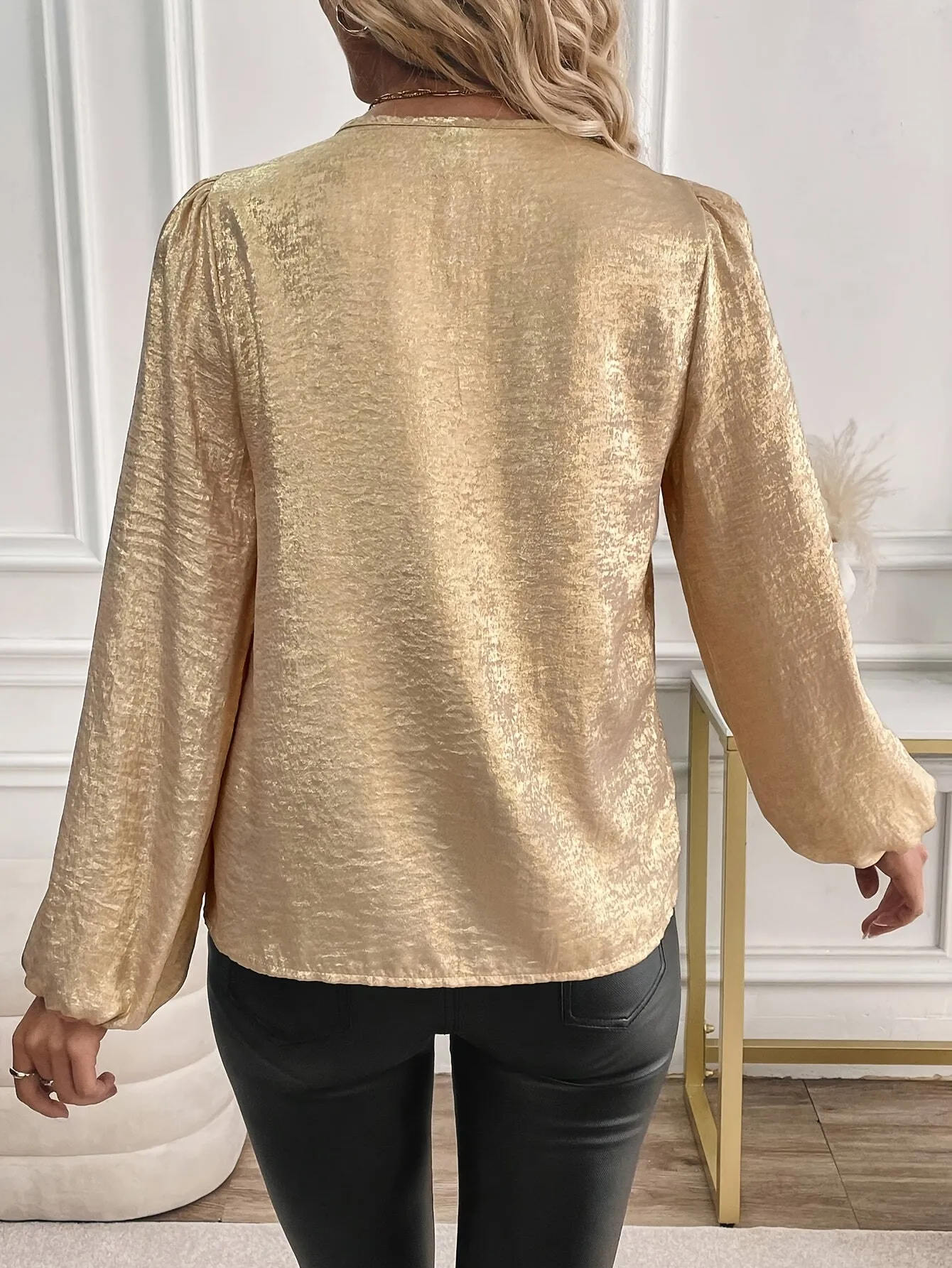 Metallic Color Button Front Blouse Women's Clothing