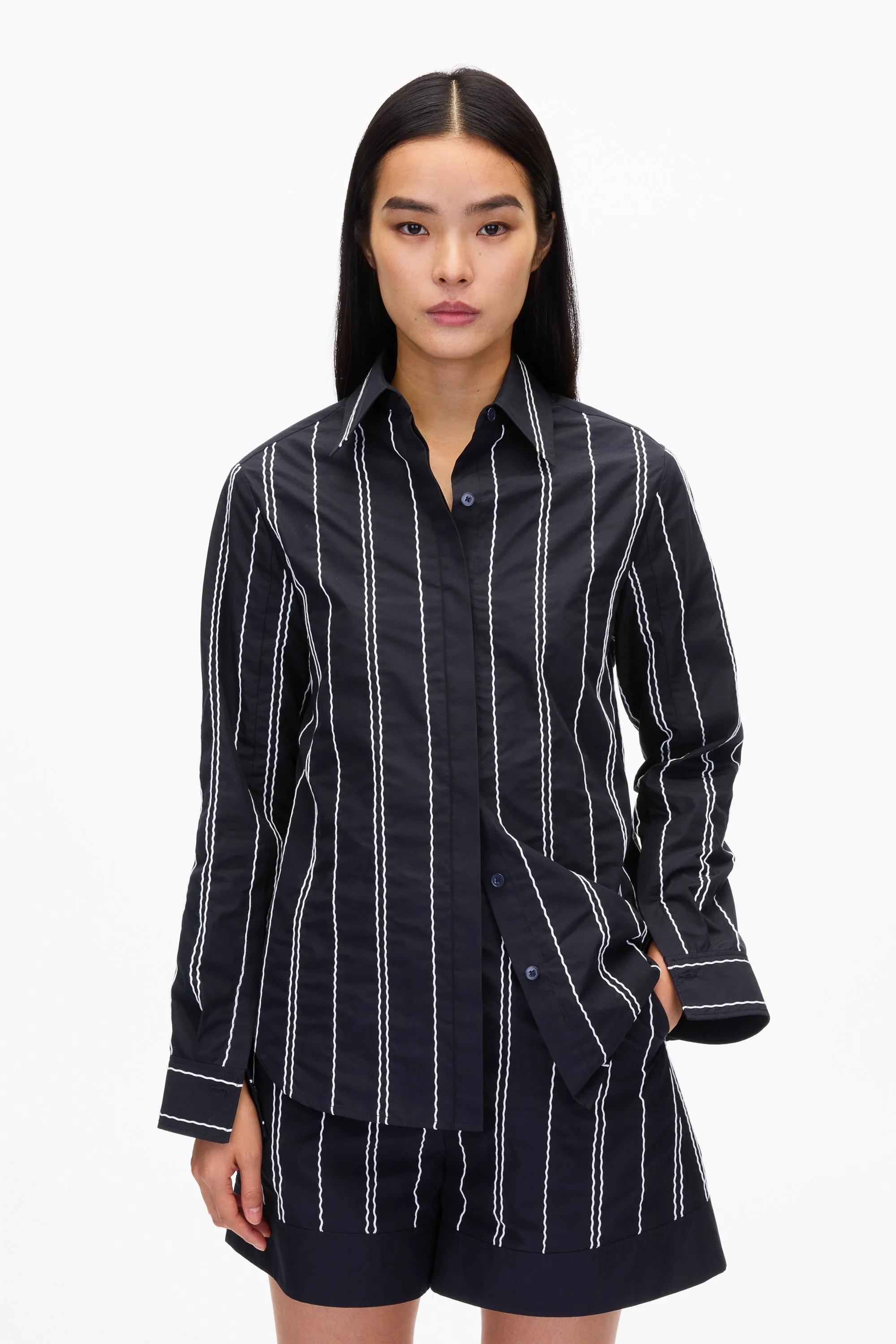 Midnight Relax Fit Poplin Shirt with Wave Embroidery
