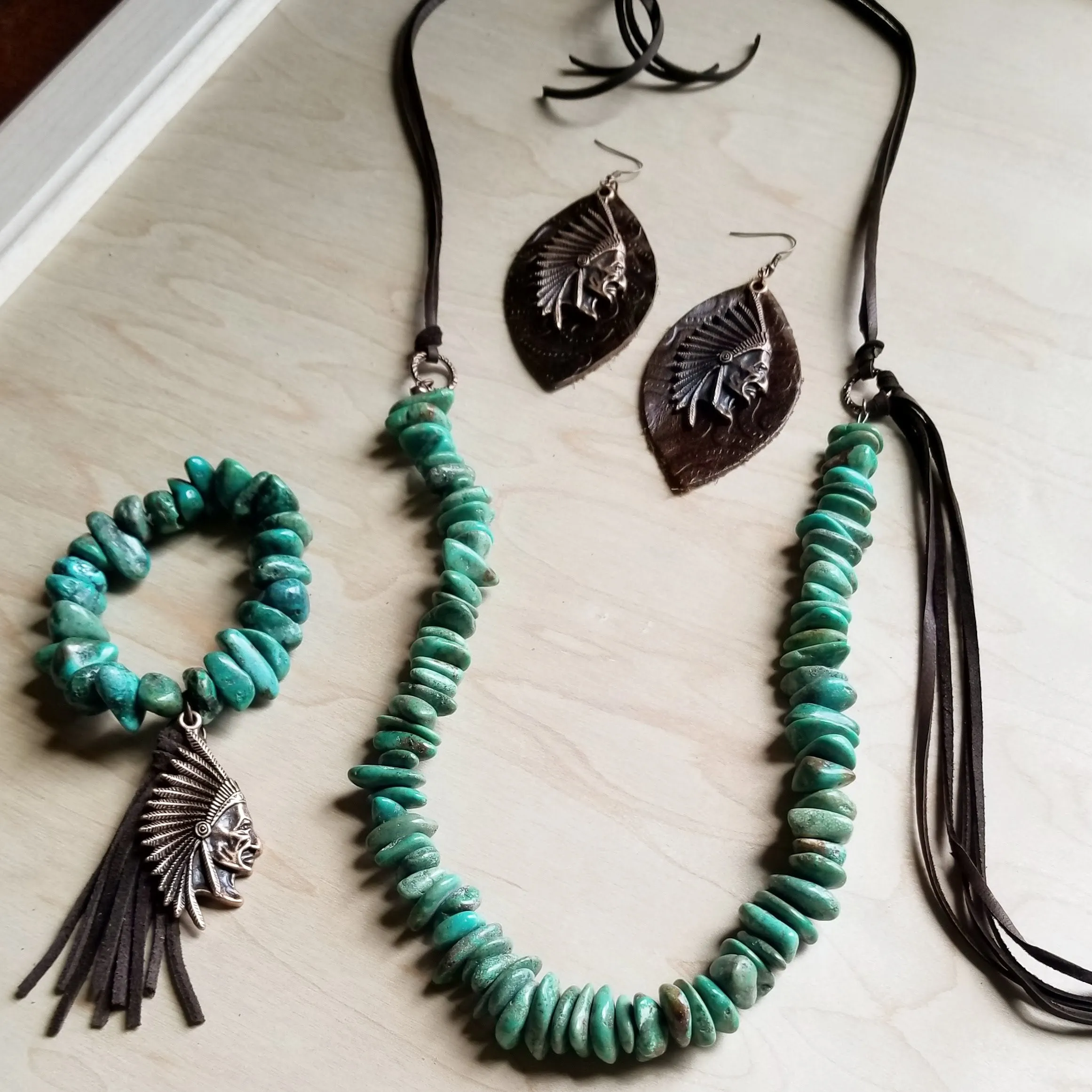 Natural Turquoise Necklace with Side-Tie Leather Tassel 245c