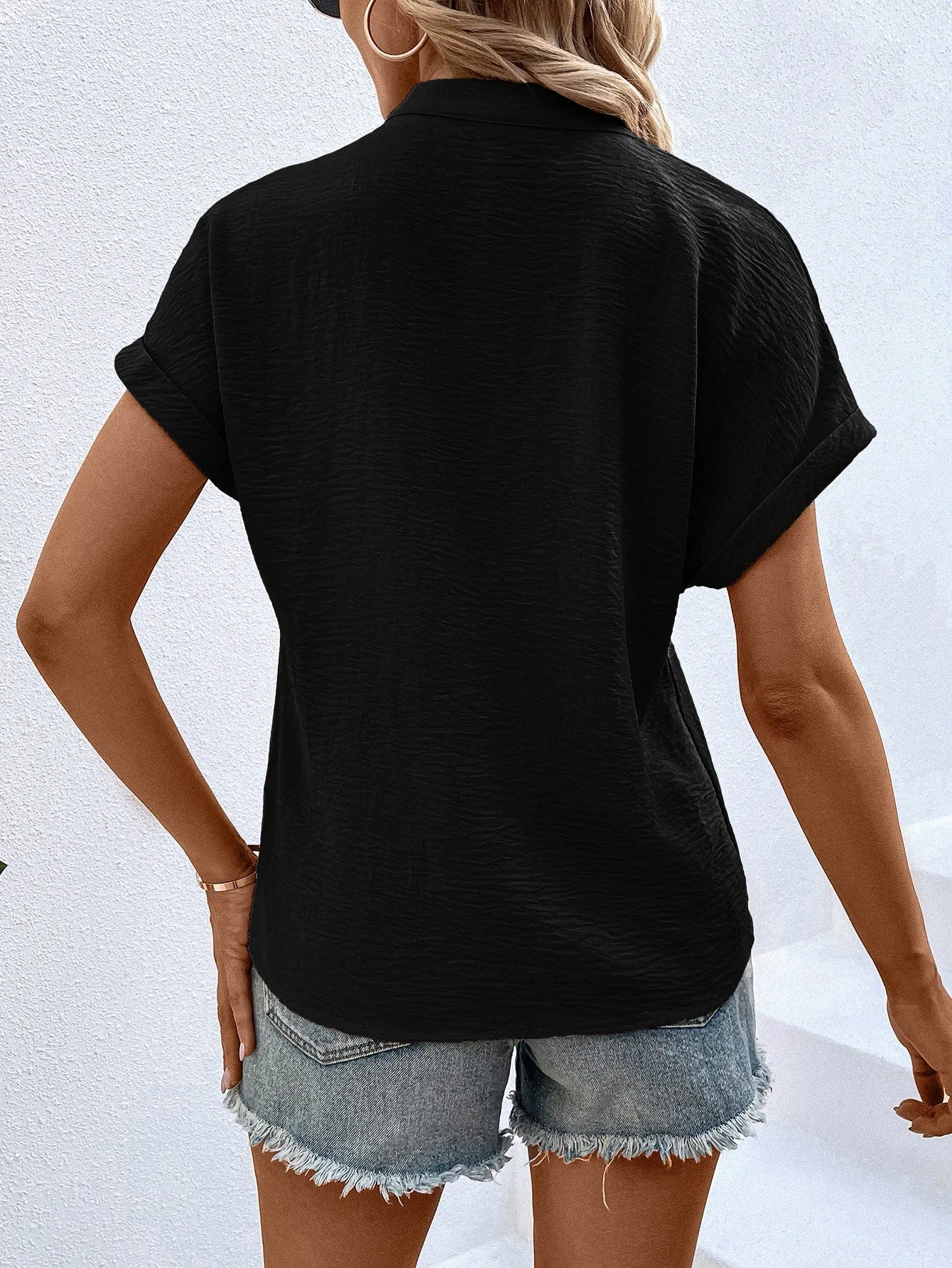 Notched Neck Batwing Sleeve Blouse