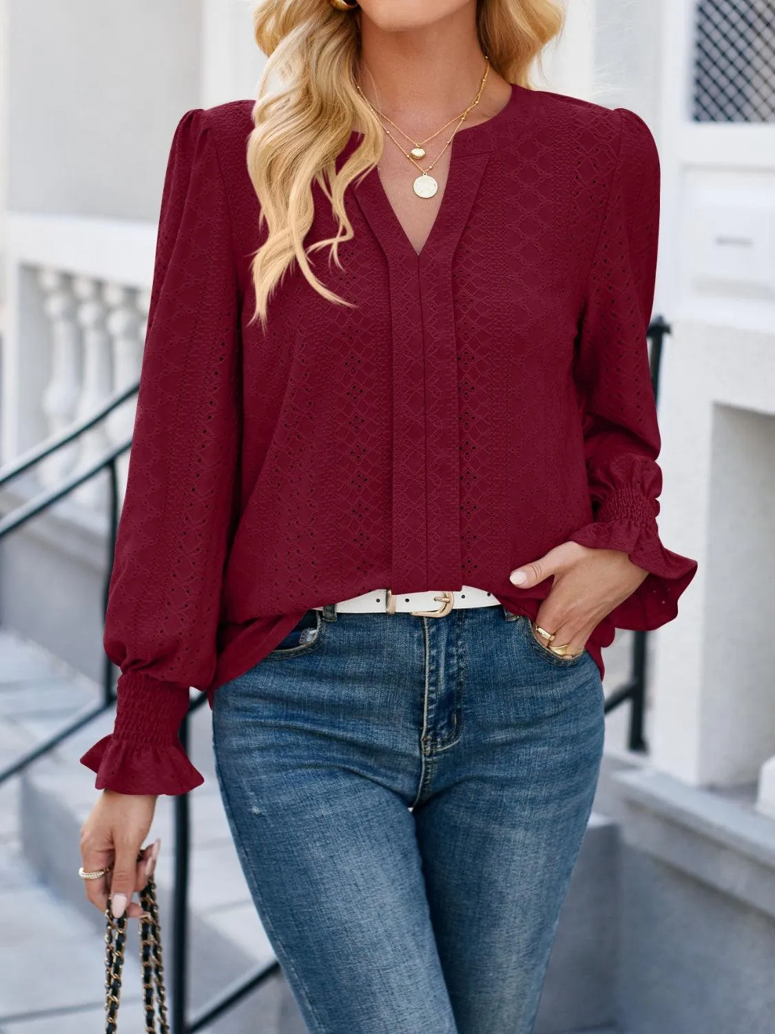 Office To Leisure Long Sleeve Eyelet Blouse