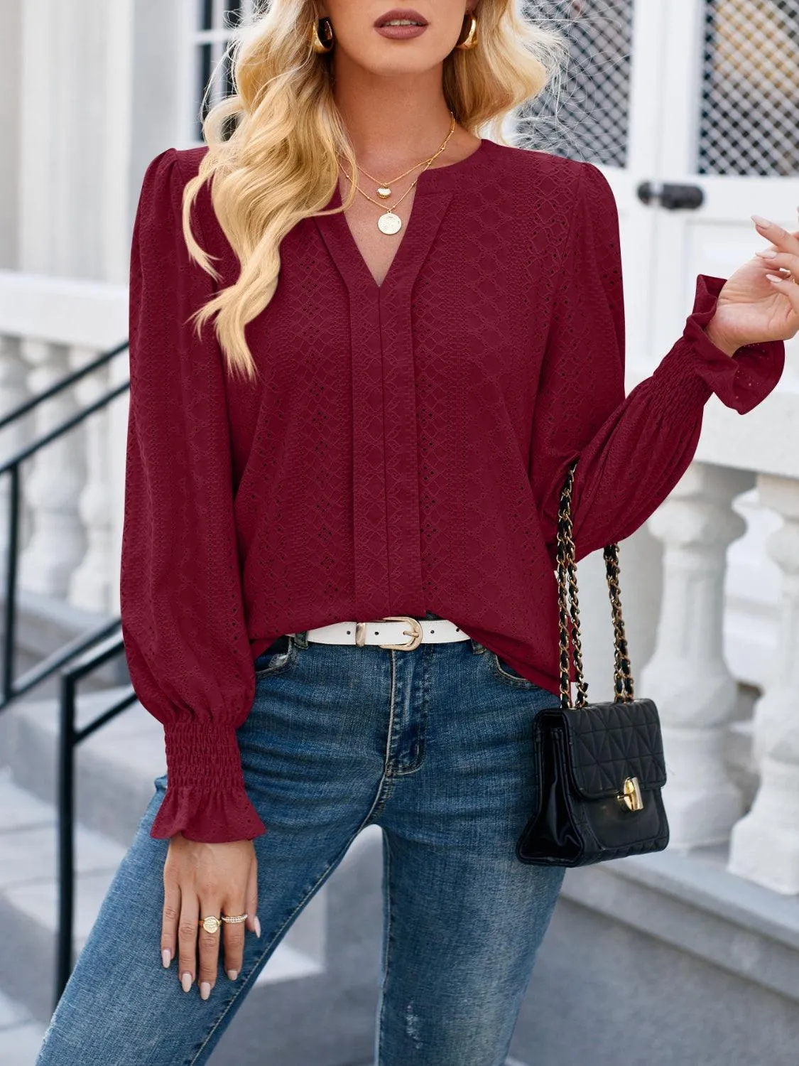Office To Leisure Long Sleeve Eyelet Blouse