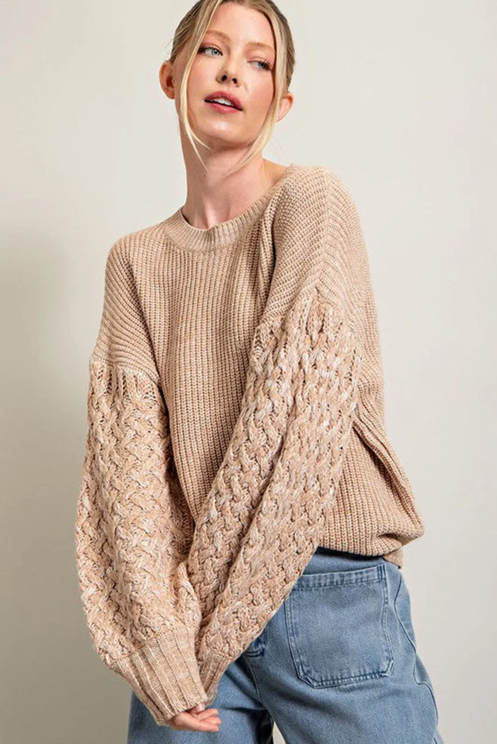 Parchment Cable Knit Sleeve Drop Shoulder Sweater