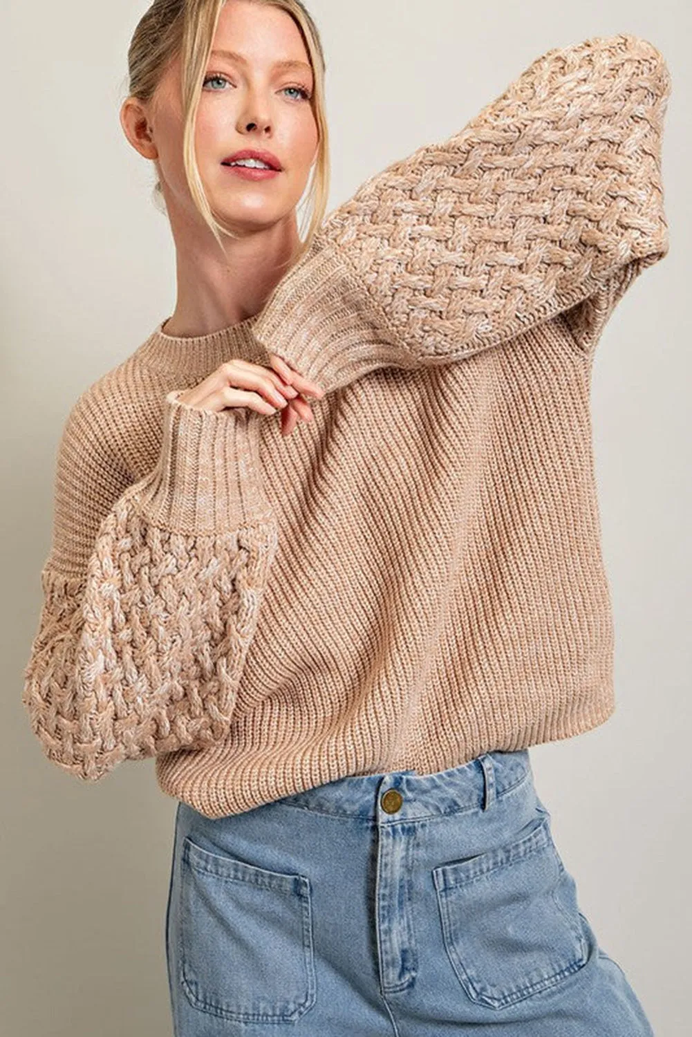 Parchment Cable Knit Sleeve Drop Shoulder Sweater
