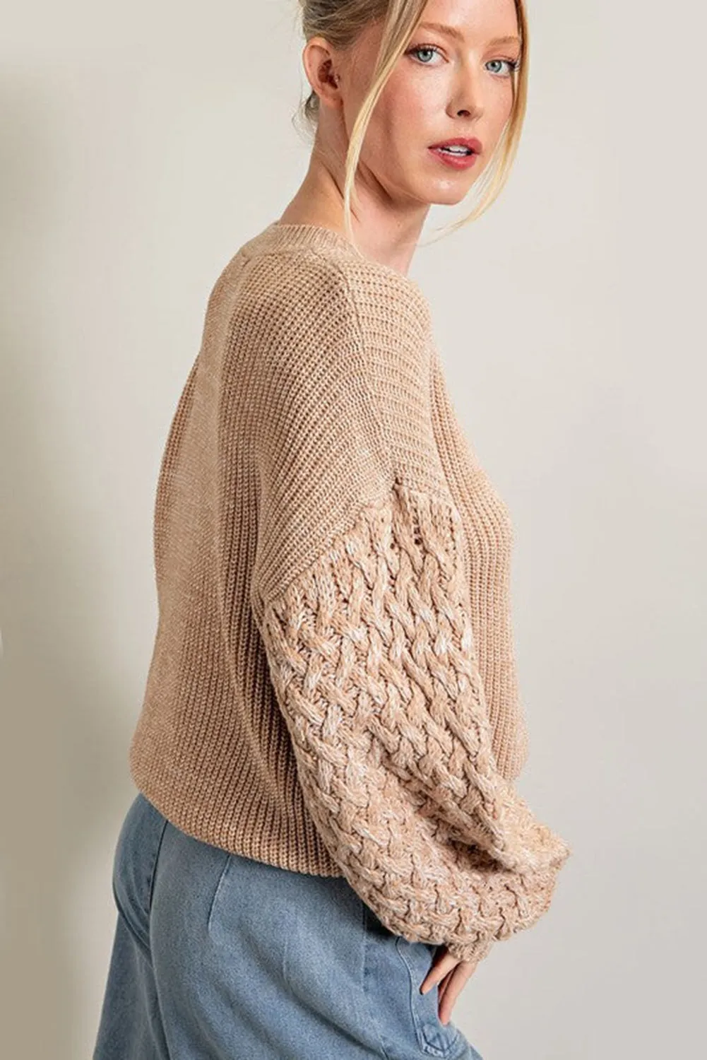 Parchment Cable Knit Sleeve Drop Shoulder Sweater