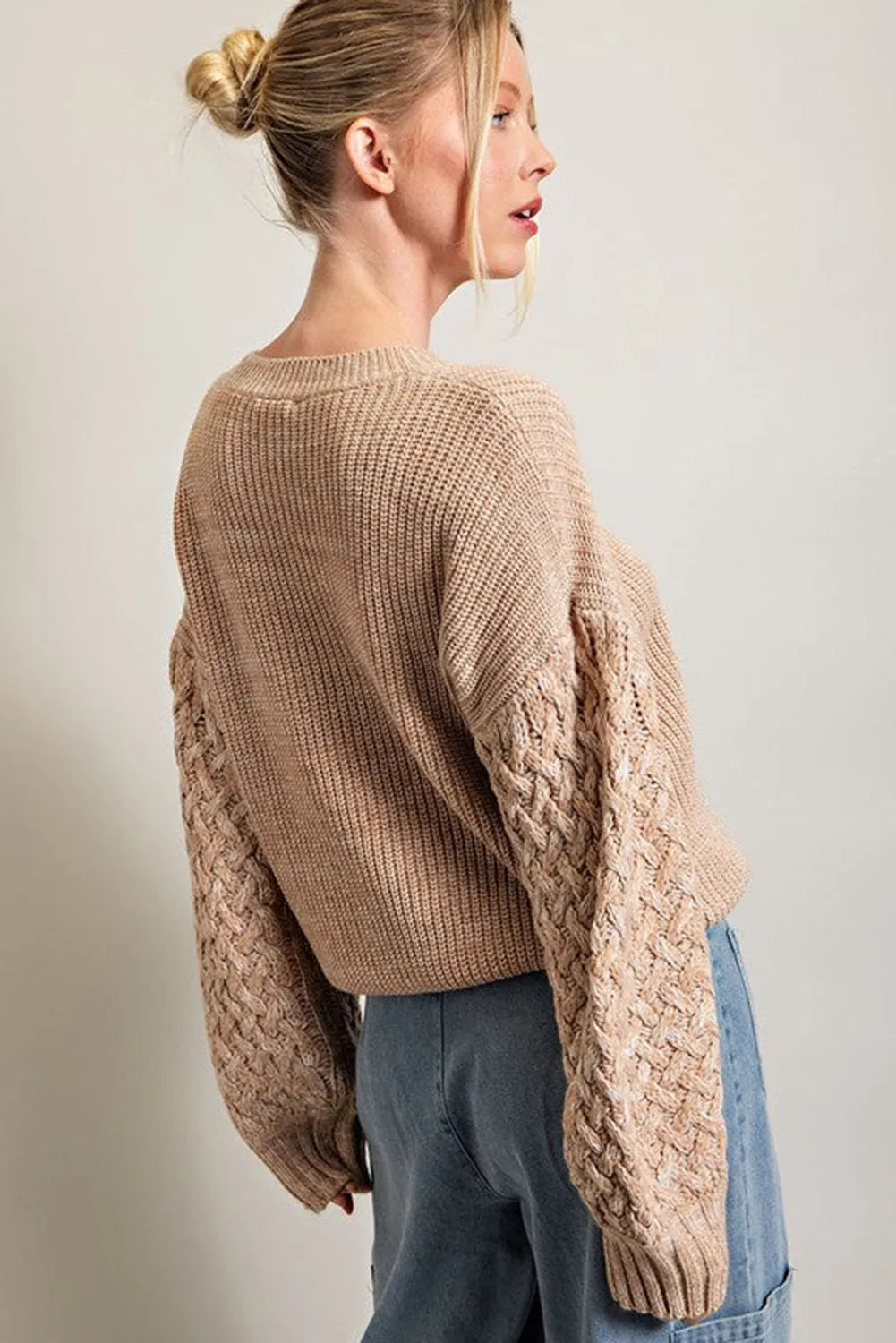 Parchment Cable Knit Sleeve Drop Shoulder Sweater