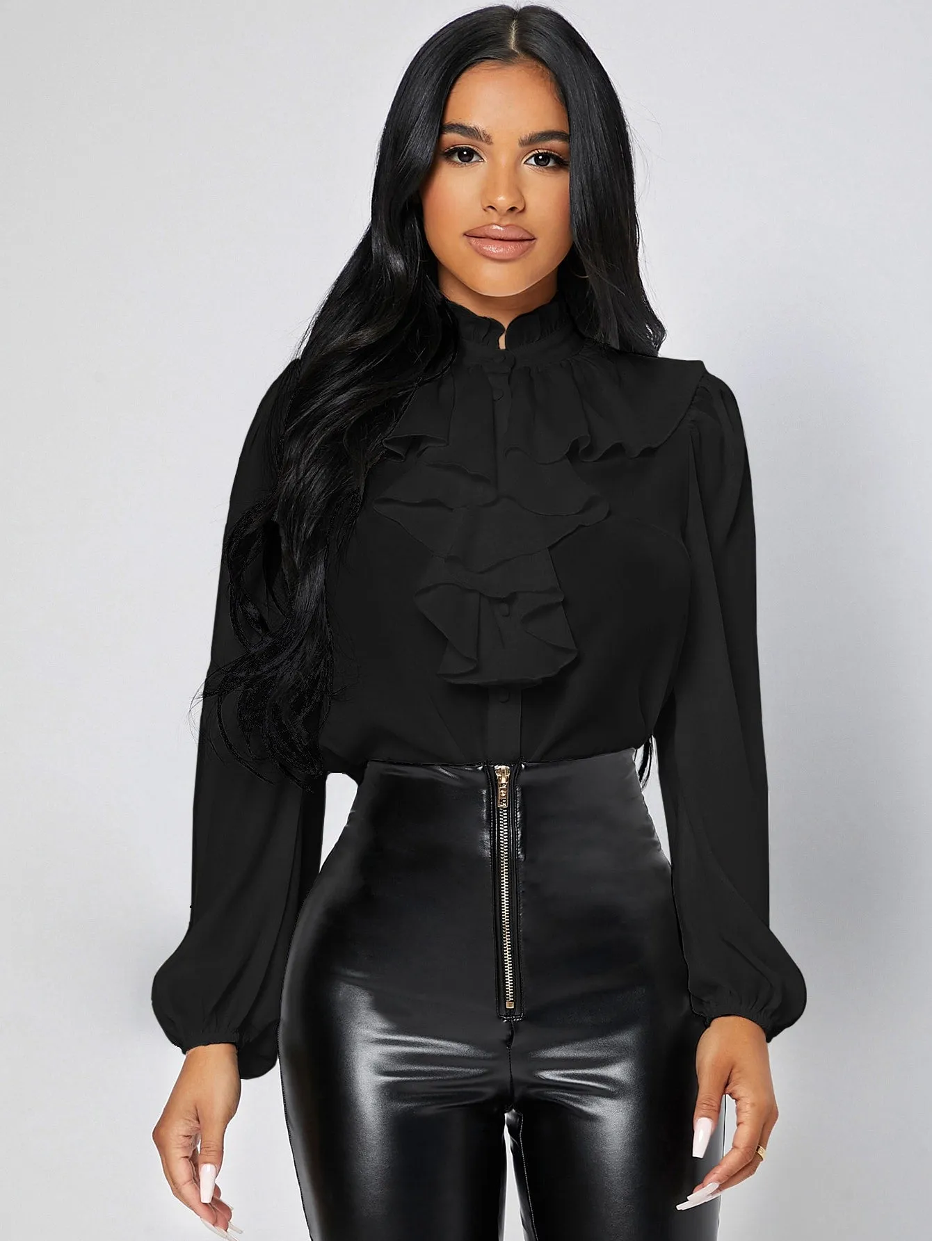 PETITE Ruffle Trim Jabot Collar Blouse