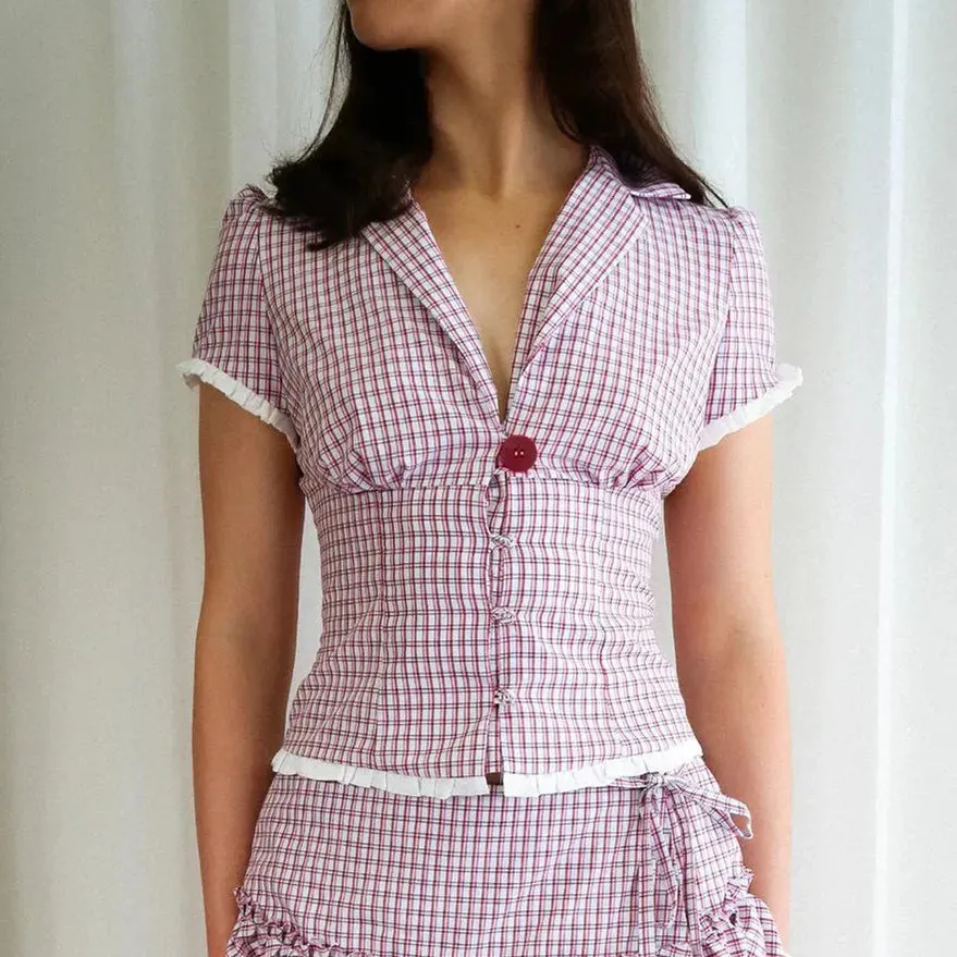 Plaid Button Down Lace Trim Top