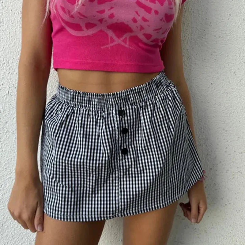 Plaid Buttoned Elastic Mini Skirt