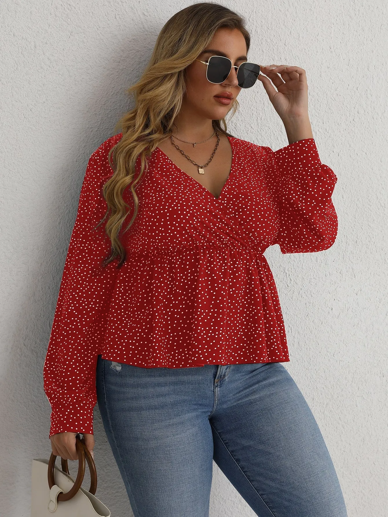 Polka Dot Ruffle Hem Long Sleeve V Neck Flared Regular Plus Size Blouse