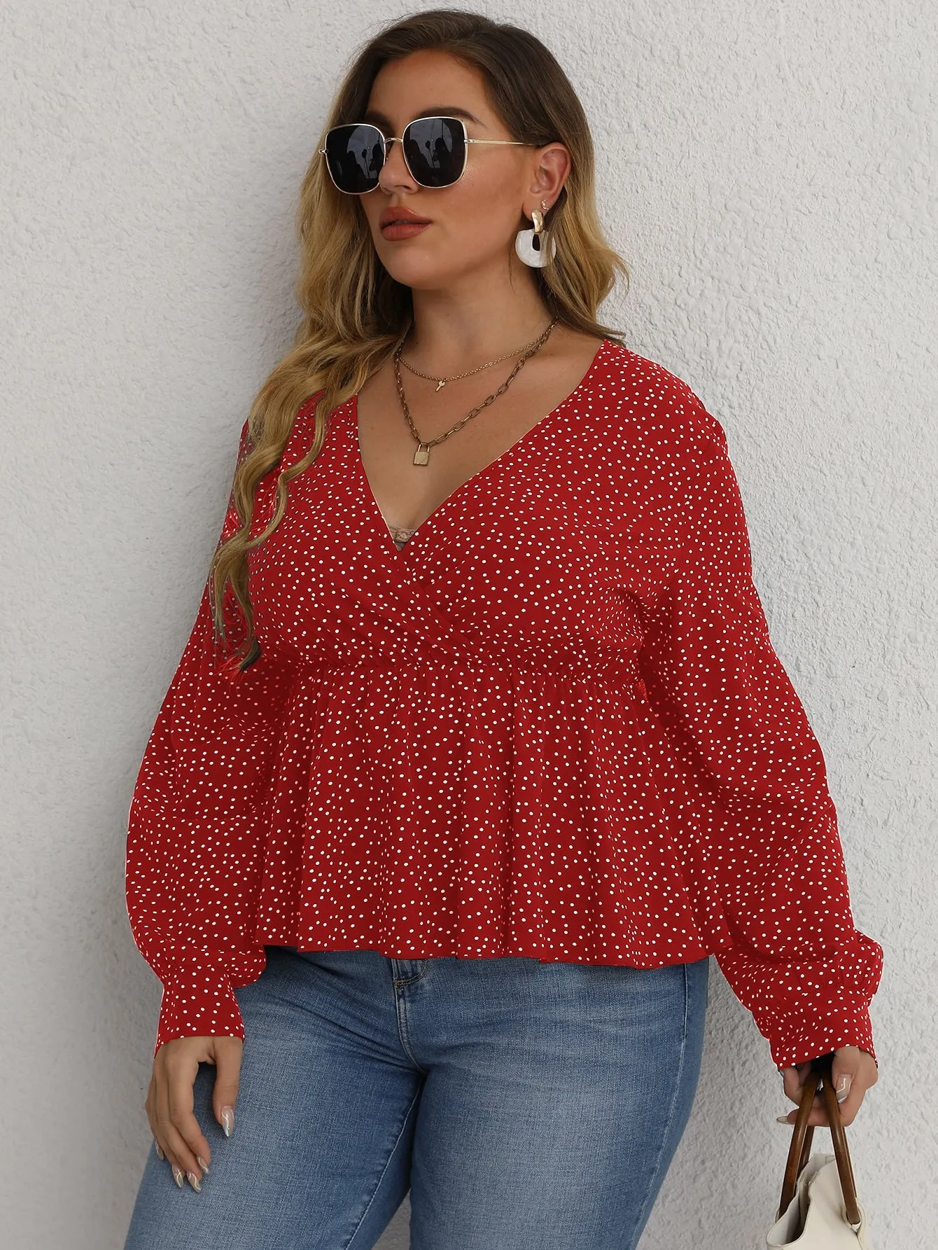 Polka Dot Ruffle Hem Long Sleeve V Neck Flared Regular Plus Size Blouse
