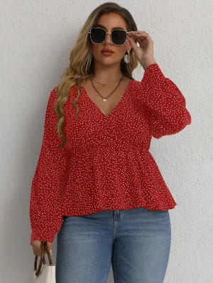 Polka Dot Ruffle Hem Long Sleeve V Neck Flared Regular Plus Size Blouse