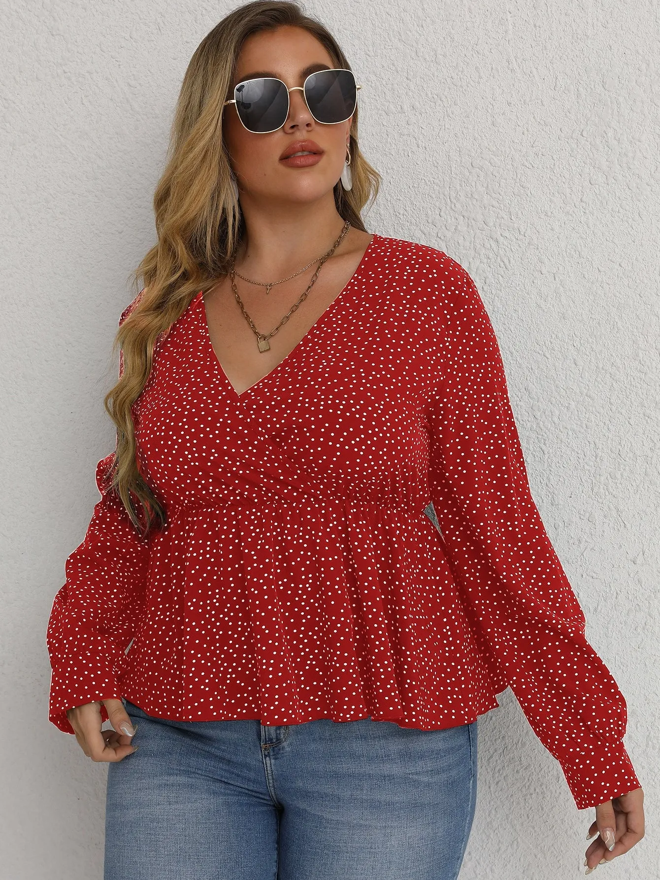 Polka Dot Ruffle Hem Long Sleeve V Neck Flared Regular Plus Size Blouse