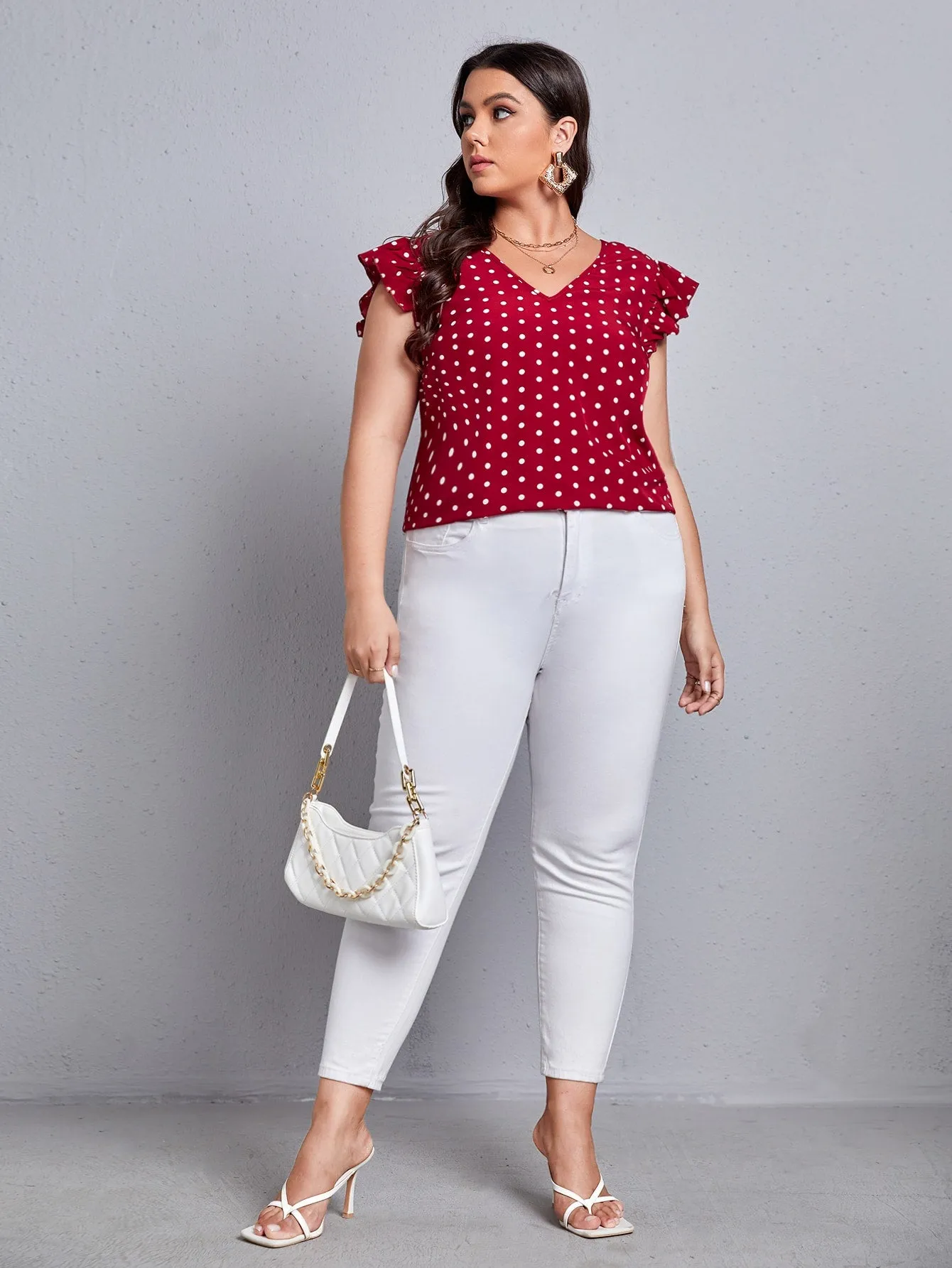 Polka Dot Tie Back Cap Sleeve V Neck Regular Plus Size Blouse