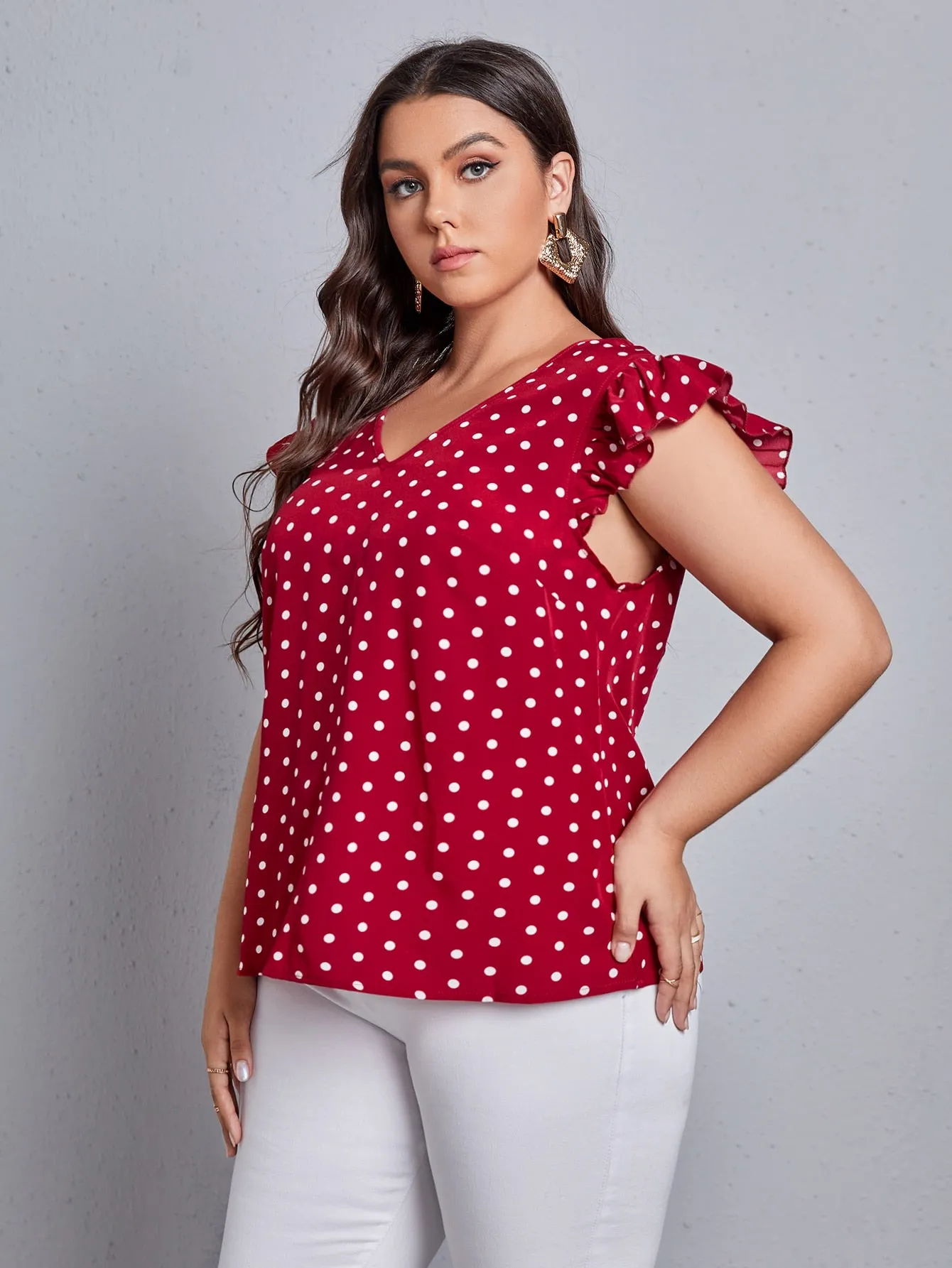 Polka Dot Tie Back Cap Sleeve V Neck Regular Plus Size Blouse