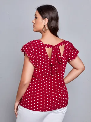 Polka Dot Tie Back Cap Sleeve V Neck Regular Plus Size Blouse