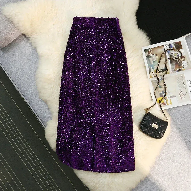 Purpdrank Autumn Winter Velvet High Waist Sequined Women's Wrap A-Line Skirts New Elegant Back Split Pencil Skirts Female