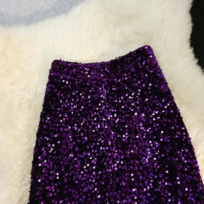 Purpdrank Autumn Winter Velvet High Waist Sequined Women's Wrap A-Line Skirts New Elegant Back Split Pencil Skirts Female