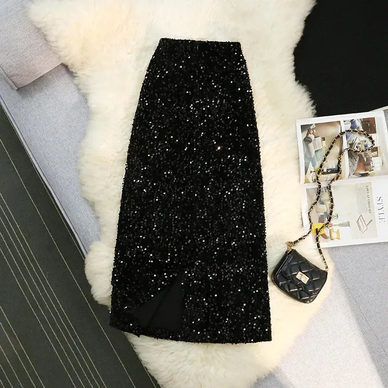 Purpdrank Autumn Winter Velvet High Waist Sequined Women's Wrap A-Line Skirts New Elegant Back Split Pencil Skirts Female