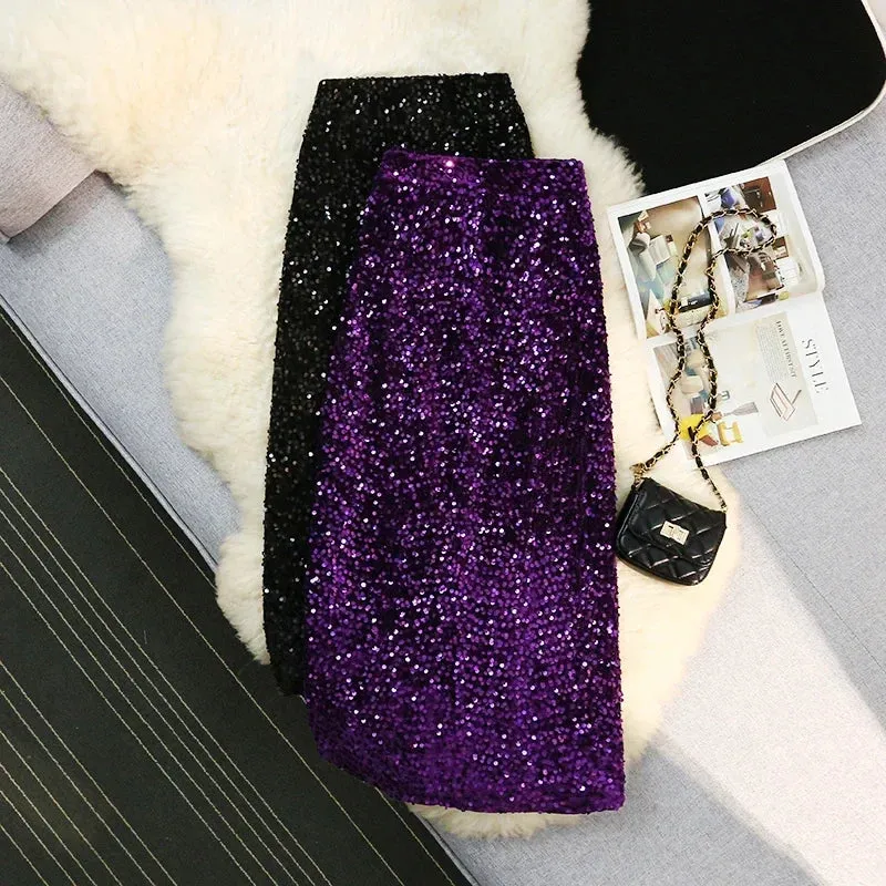 Purpdrank Autumn Winter Velvet High Waist Sequined Women's Wrap A-Line Skirts New Elegant Back Split Pencil Skirts Female