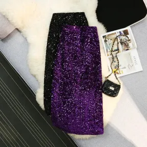 Purpdrank Autumn Winter Velvet High Waist Sequined Women's Wrap A-Line Skirts New Elegant Back Split Pencil Skirts Female