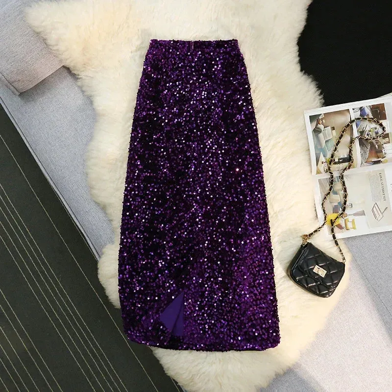 Purpdrank Autumn Winter Velvet High Waist Sequined Women's Wrap A-Line Skirts New Elegant Back Split Pencil Skirts Female