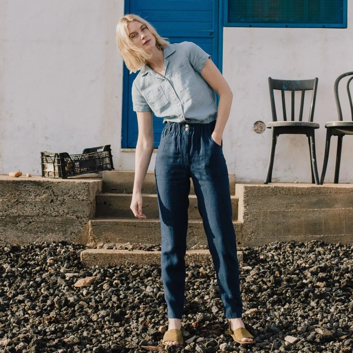 R: DOOLIN high-waisted linen pants (Size: M/L; Color: Oat Milk)