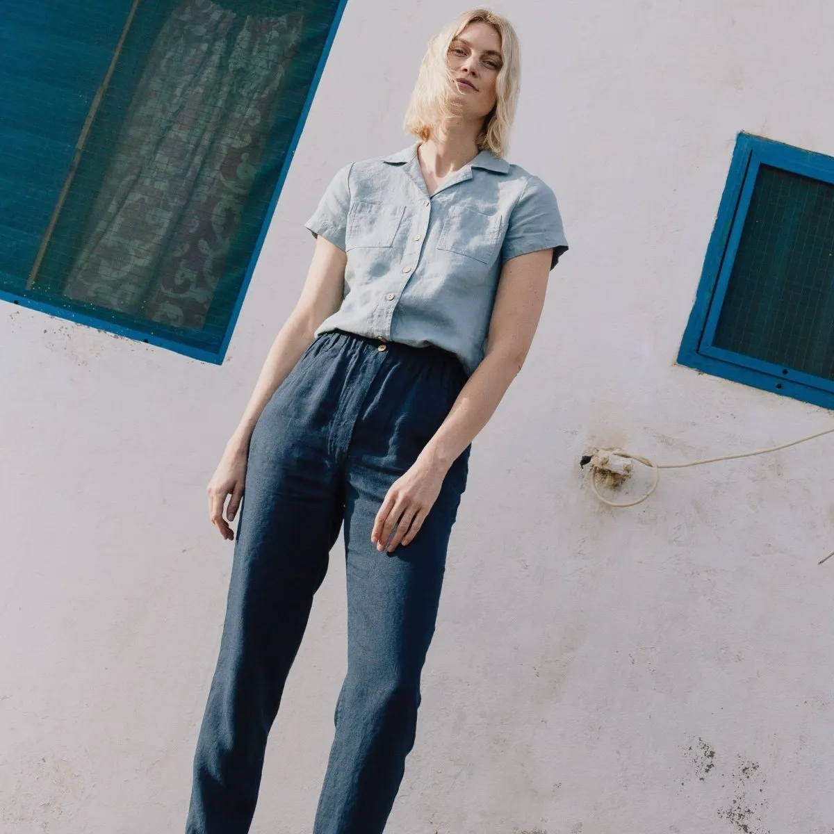 R: DOOLIN high-waisted linen pants (Size: M/L; Color: Oat Milk)