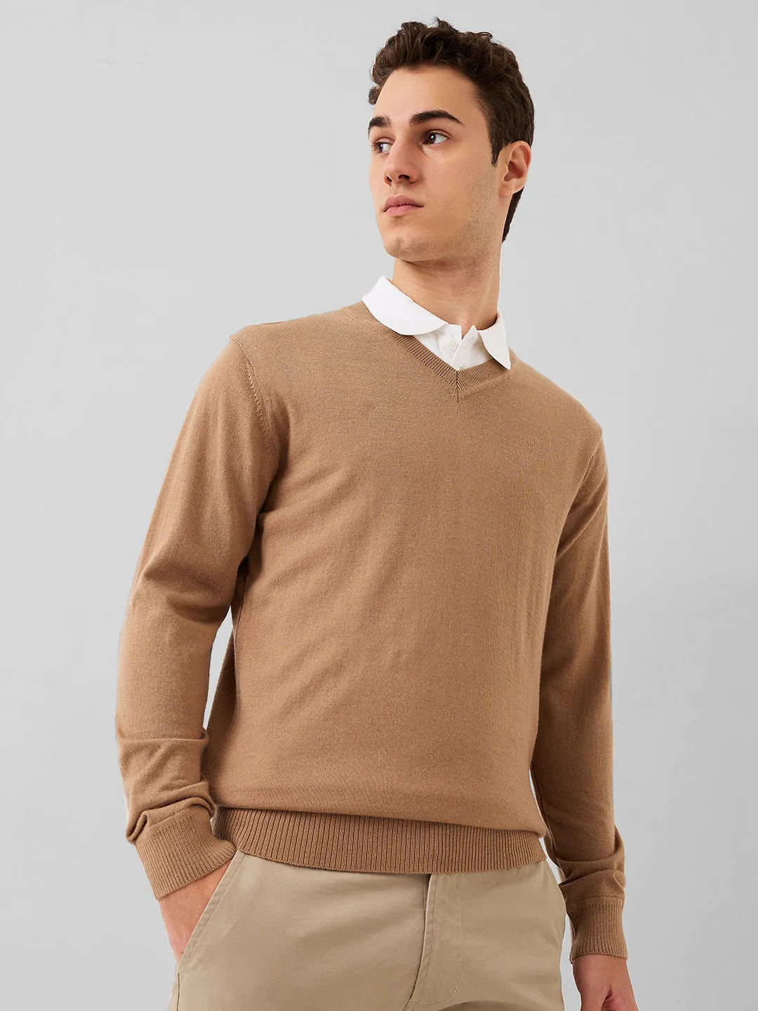 Raymond Men Brown Solid Wool Blend Sweaters