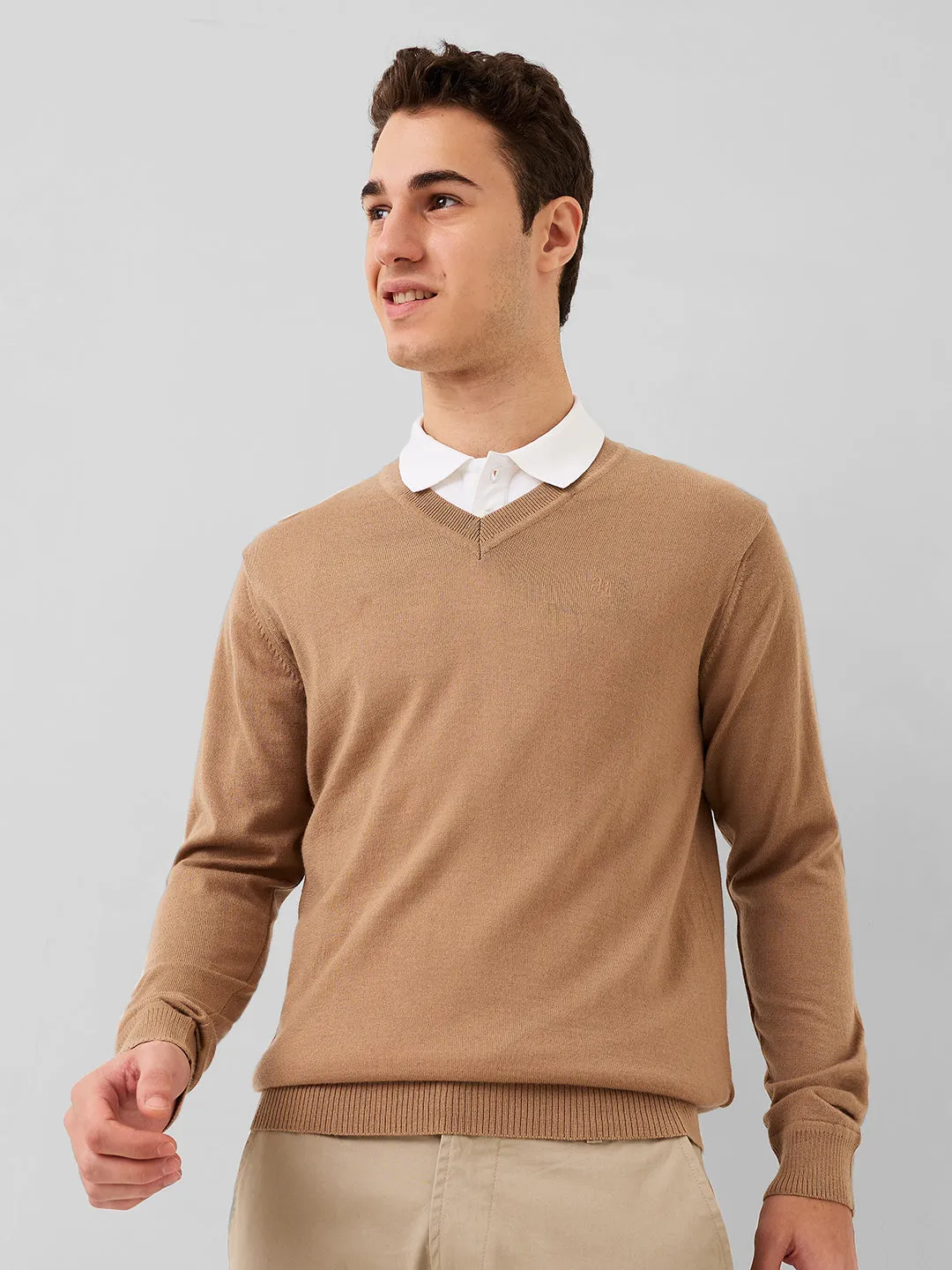 Raymond Men Brown Solid Wool Blend Sweaters