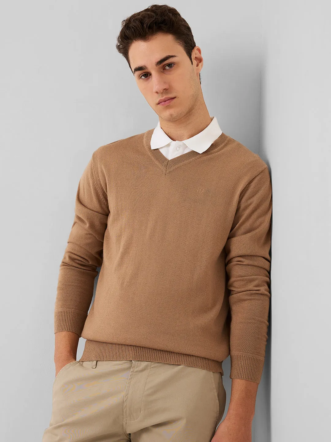 Raymond Men Brown Solid Wool Blend Sweaters