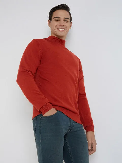 Raymond Men Orange Solid Contemporary Fit Wool Blend Sweater